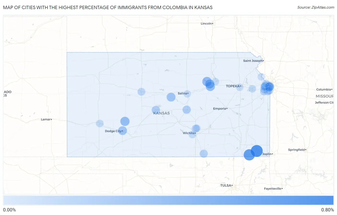 Cities with the Highest Percentage of Immigrants from Colombia in Kansas Map