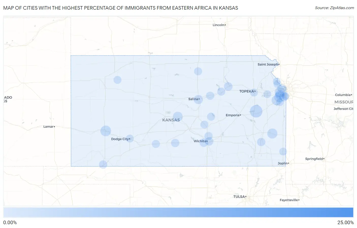 Cities with the Highest Percentage of Immigrants from Eastern Africa in Kansas Map