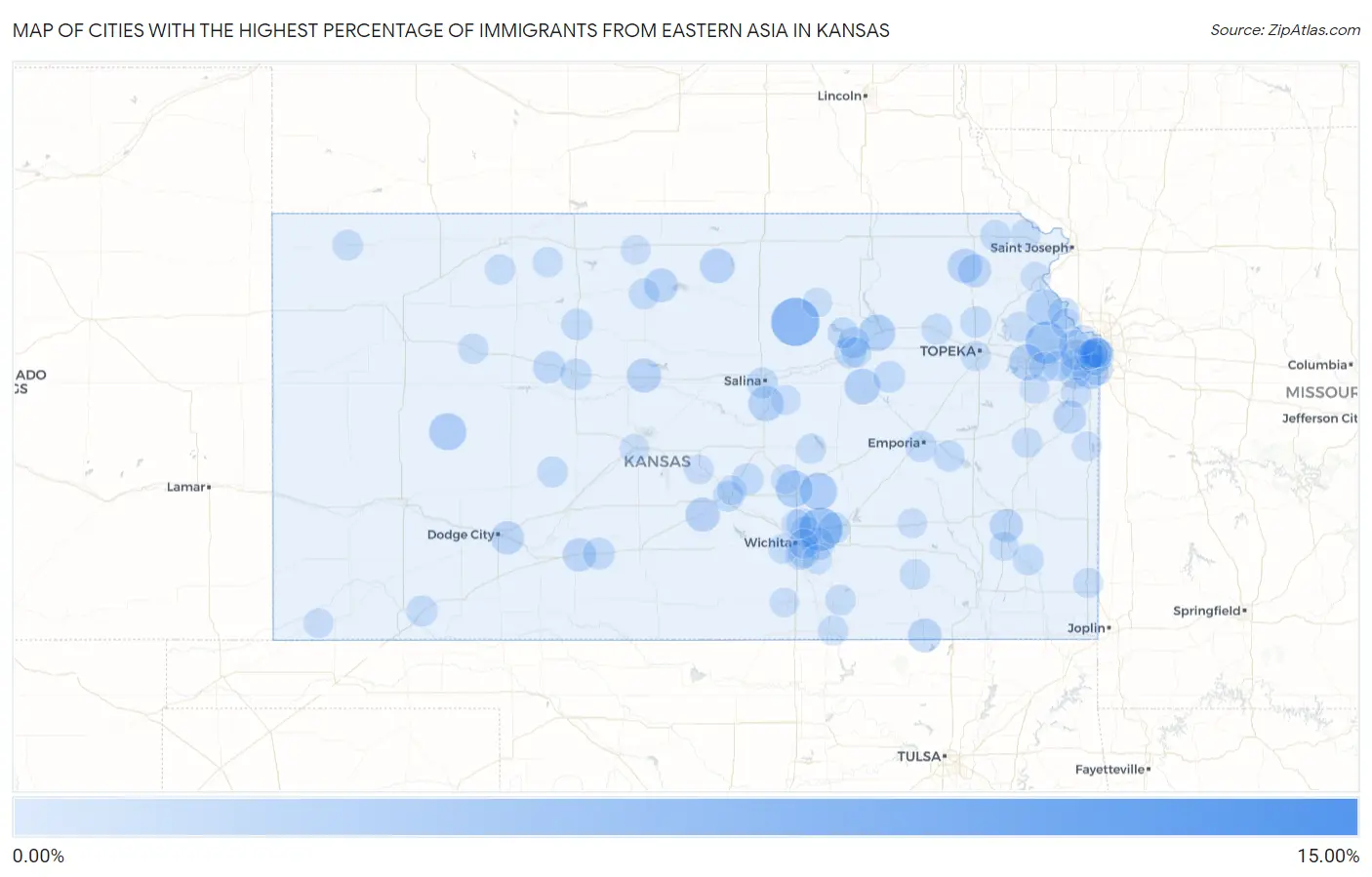 Cities with the Highest Percentage of Immigrants from Eastern Asia in Kansas Map