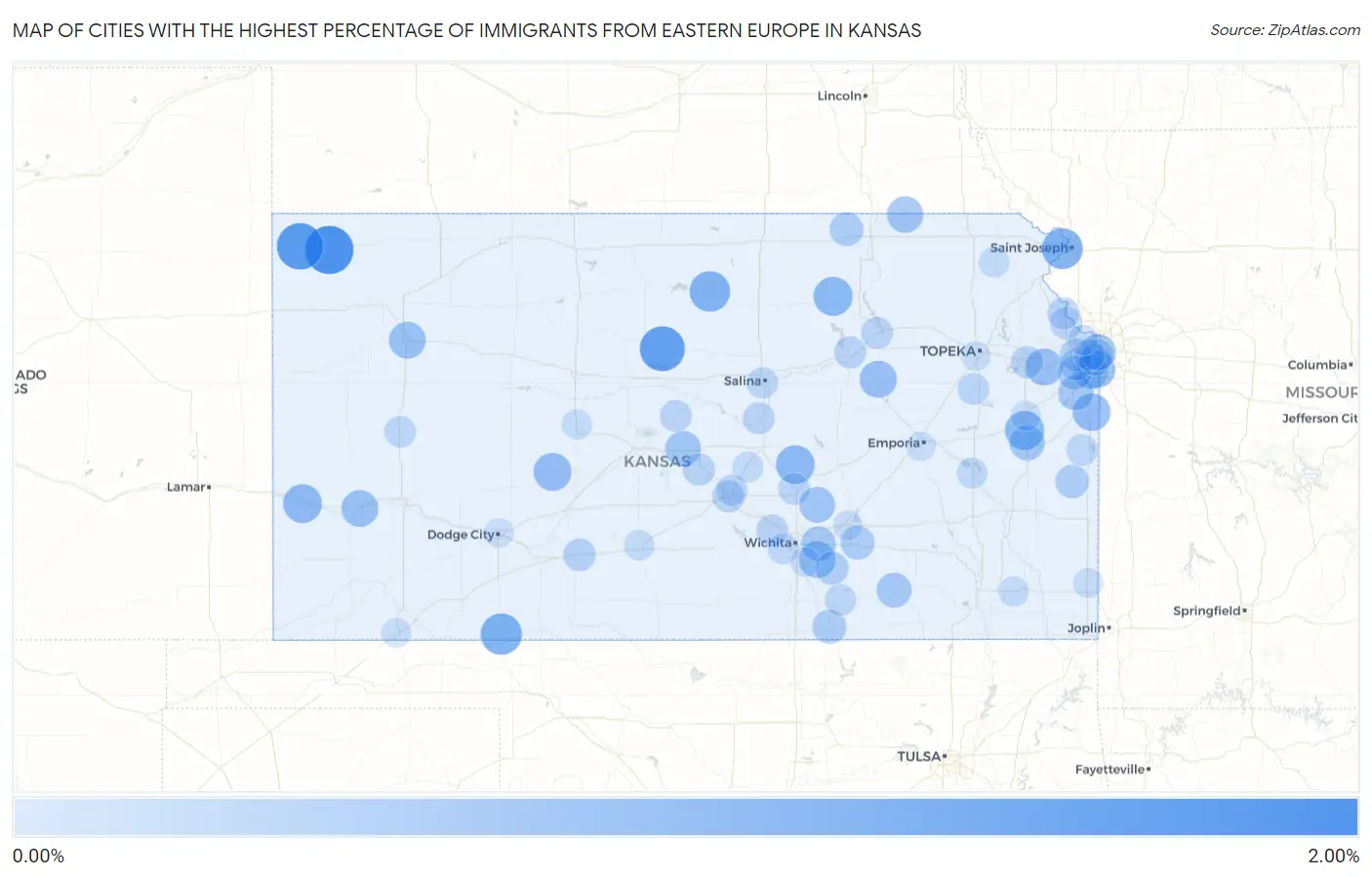 Cities with the Highest Percentage of Immigrants from Eastern Europe in Kansas Map