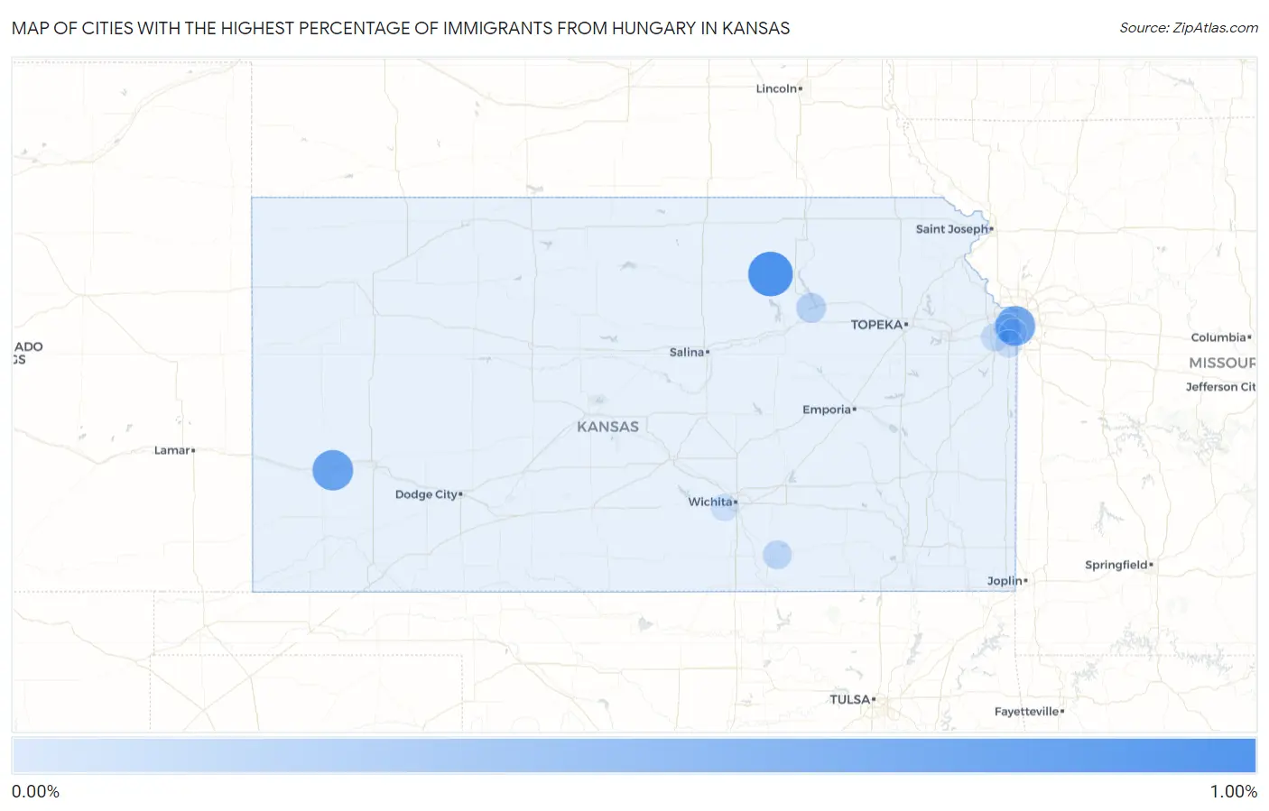 Cities with the Highest Percentage of Immigrants from Hungary in Kansas Map