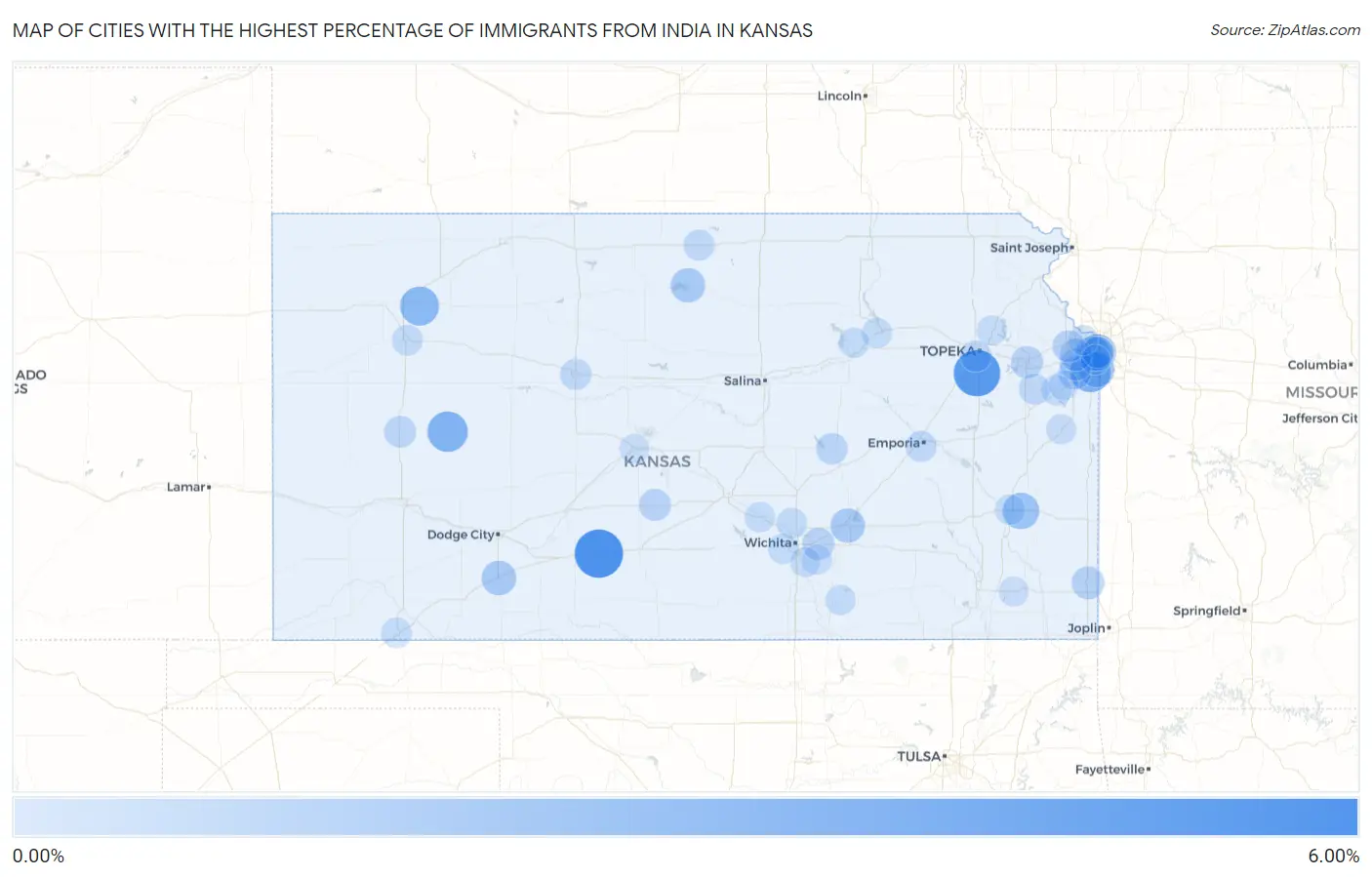 Cities with the Highest Percentage of Immigrants from India in Kansas Map