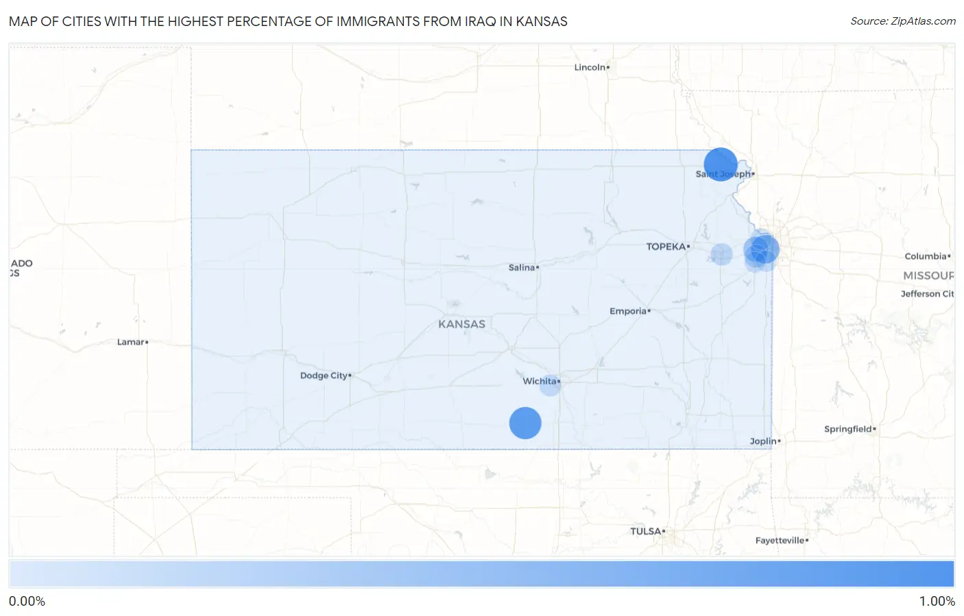 Cities with the Highest Percentage of Immigrants from Iraq in Kansas Map
