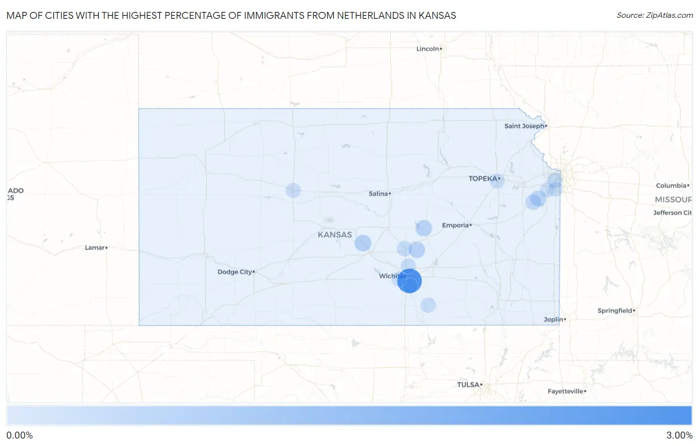 Cities with the Highest Percentage of Immigrants from Netherlands in Kansas Map