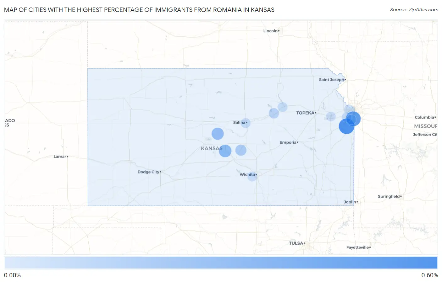 Cities with the Highest Percentage of Immigrants from Romania in Kansas Map