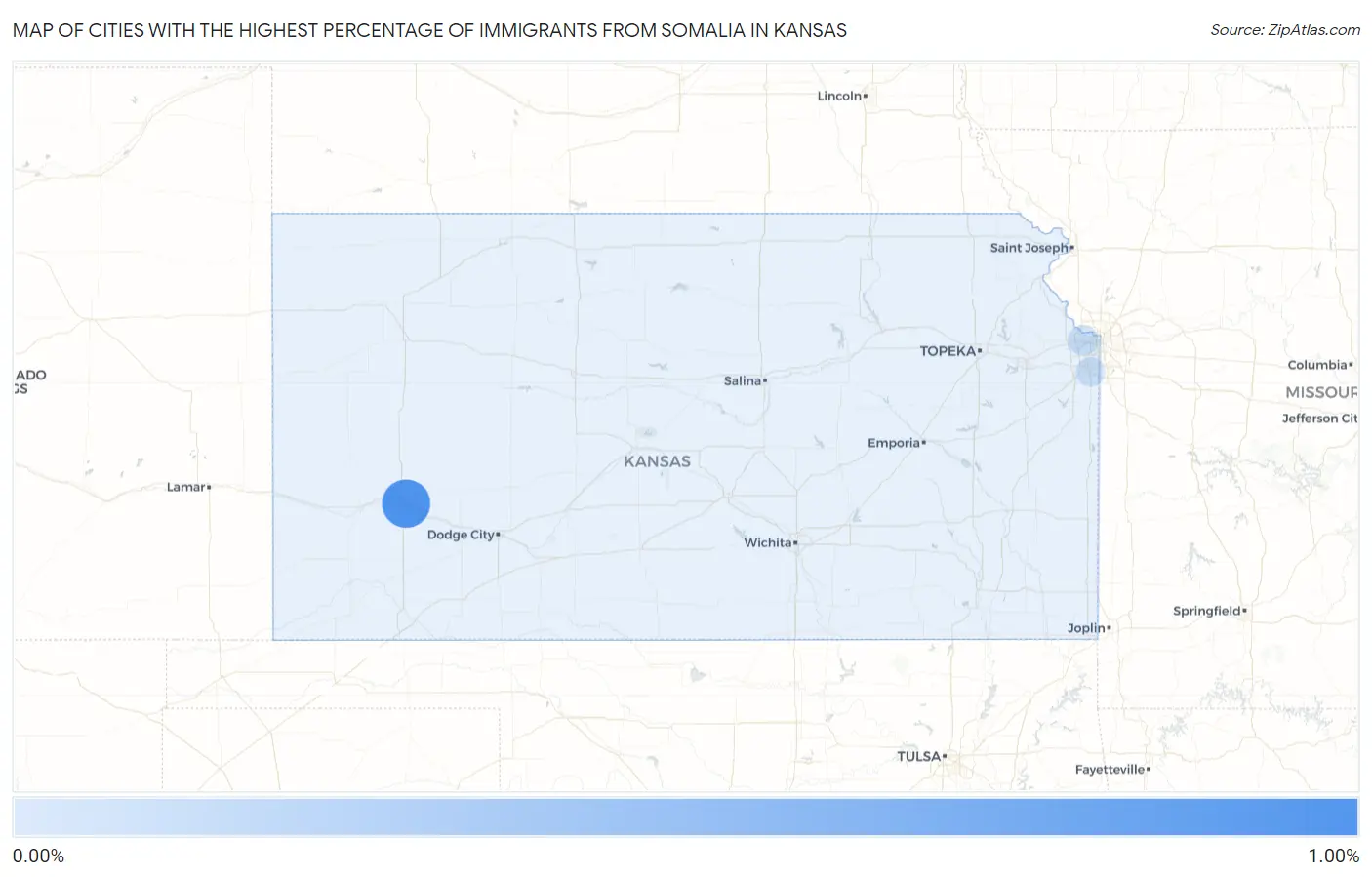 Cities with the Highest Percentage of Immigrants from Somalia in Kansas Map