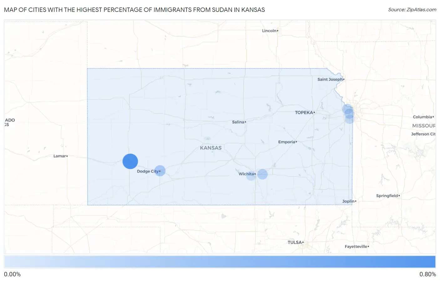 Cities with the Highest Percentage of Immigrants from Sudan in Kansas Map
