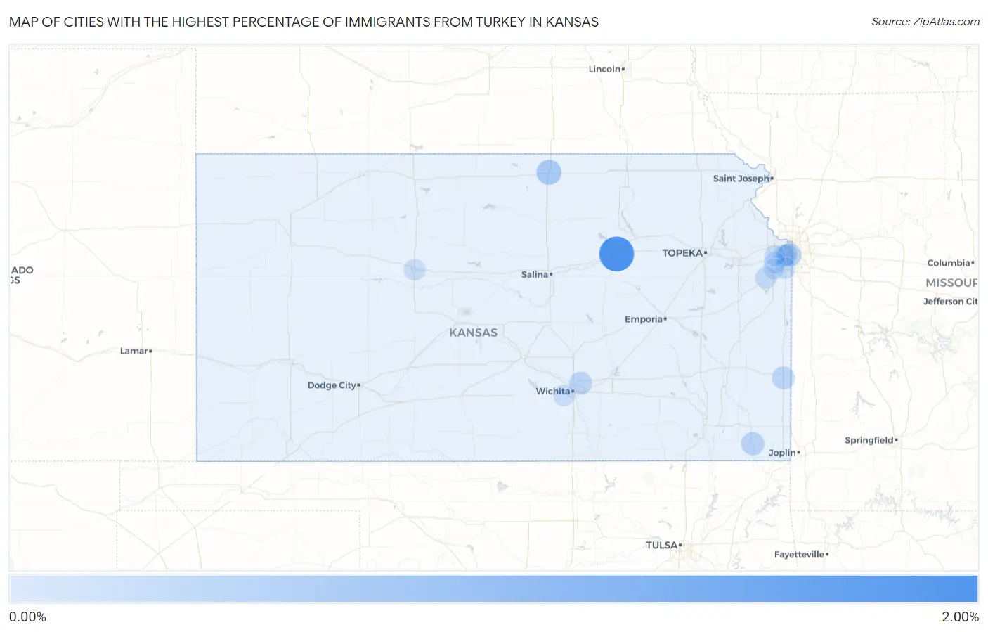 Cities with the Highest Percentage of Immigrants from Turkey in Kansas Map