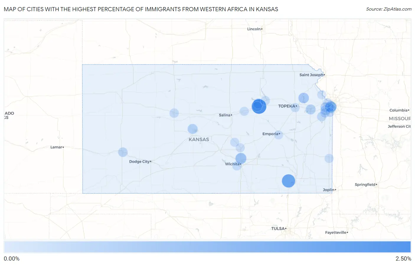 Cities with the Highest Percentage of Immigrants from Western Africa in Kansas Map