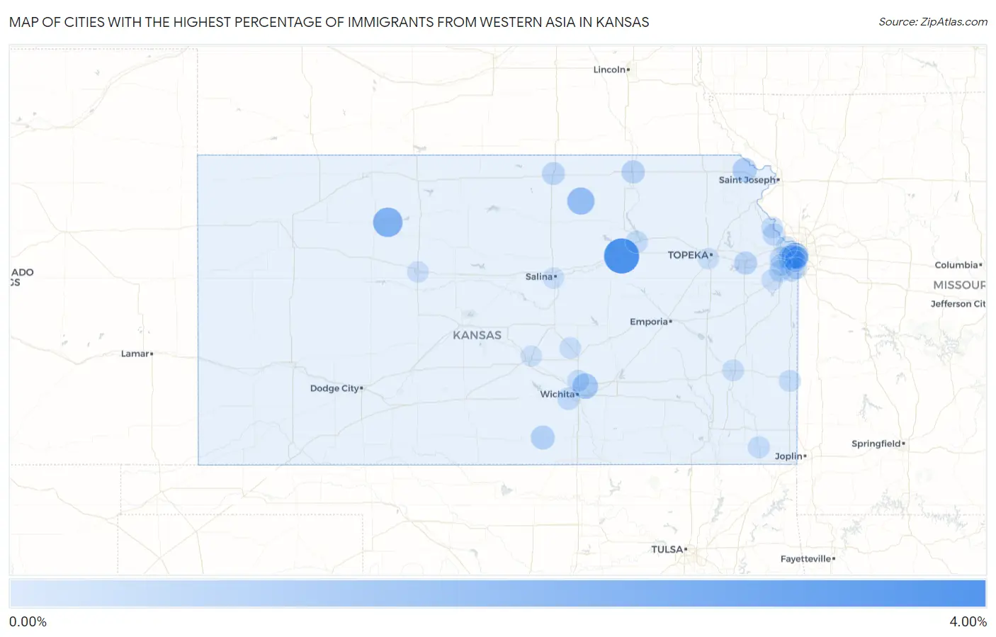 Cities with the Highest Percentage of Immigrants from Western Asia in Kansas Map