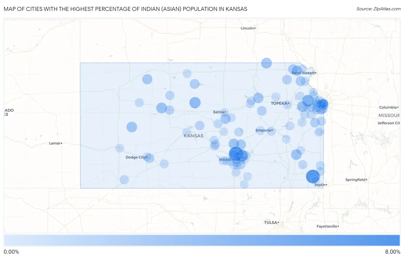 Cities with the Highest Percentage of Indian (Asian) Population in Kansas Map