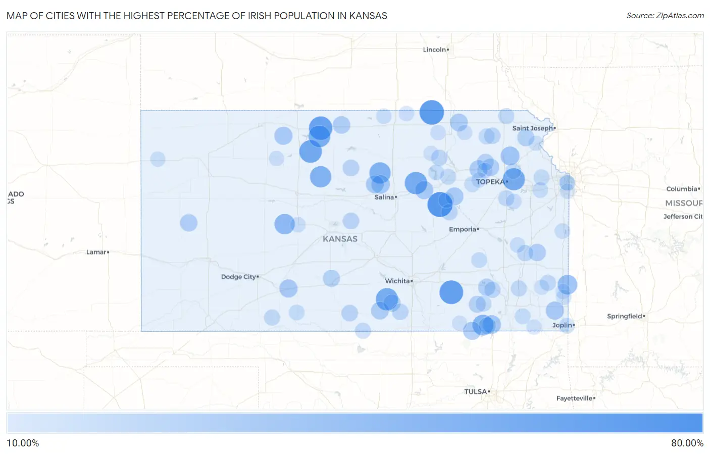 Cities with the Highest Percentage of Irish Population in Kansas Map