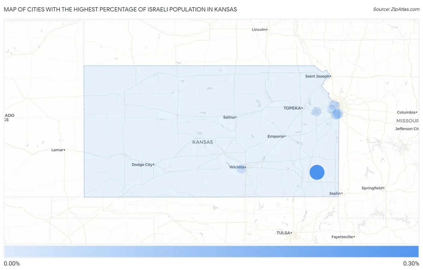 Cities with the Highest Percentage of Israeli Population in Kansas Map