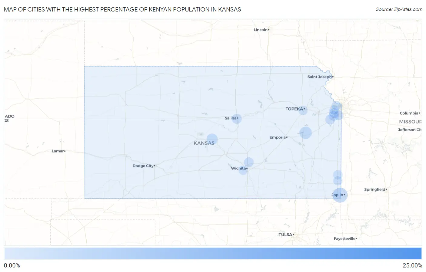 Cities with the Highest Percentage of Kenyan Population in Kansas Map