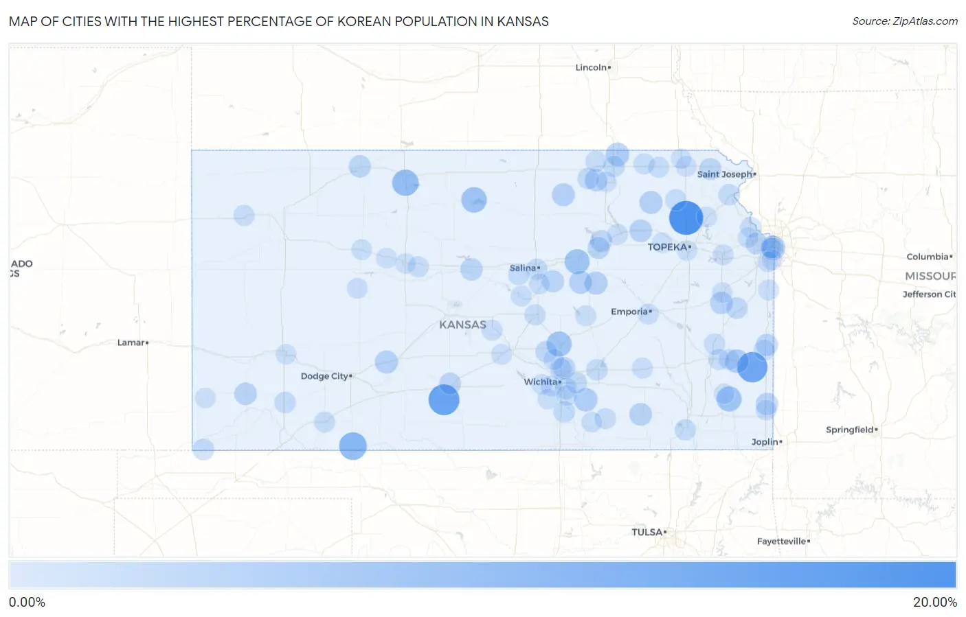 Cities with the Highest Percentage of Korean Population in Kansas Map