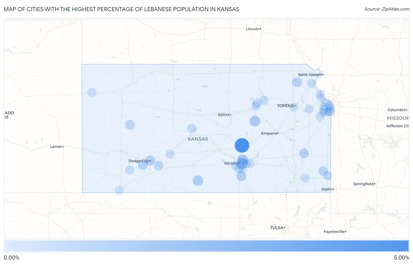 Cities with the Highest Percentage of Lebanese Population in Kansas Map