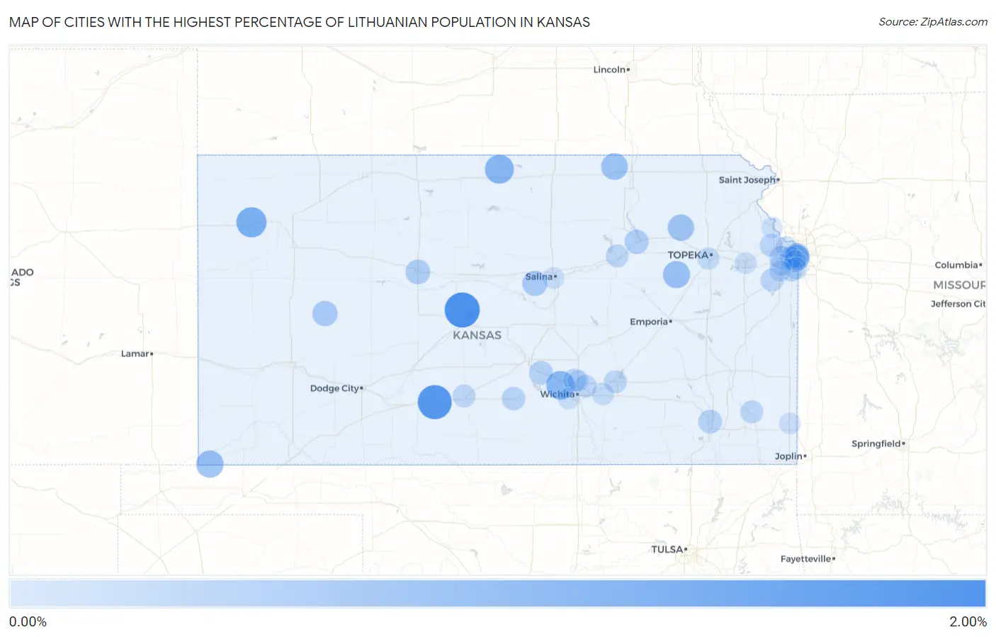 Cities with the Highest Percentage of Lithuanian Population in Kansas Map