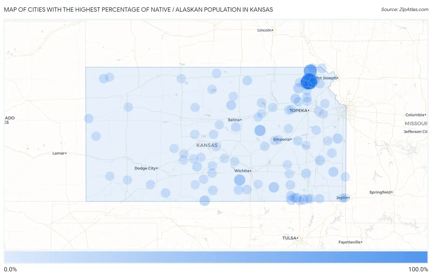 Cities with the Highest Percentage of Native / Alaskan Population in Kansas Map