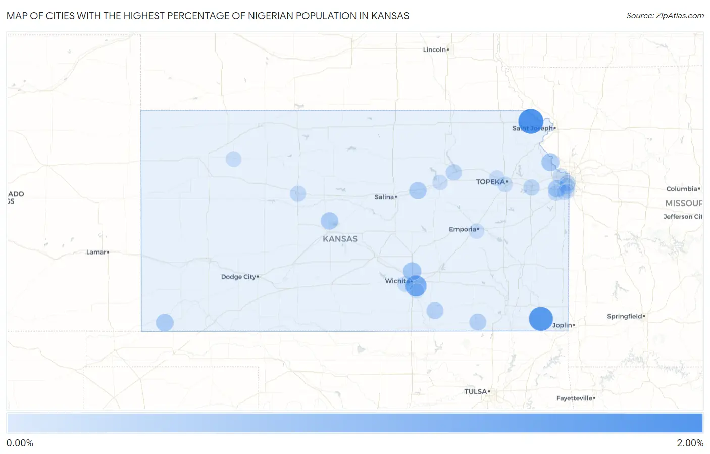 Cities with the Highest Percentage of Nigerian Population in Kansas Map