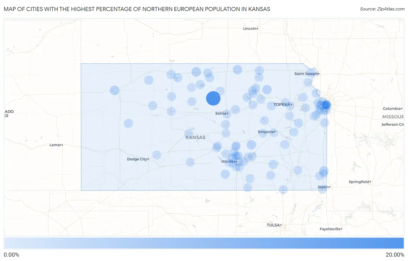Cities with the Highest Percentage of Northern European Population in Kansas Map