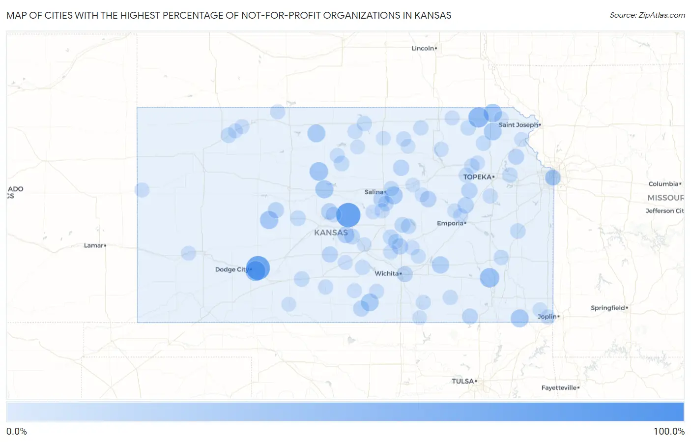 Cities with the Highest Percentage of Not-for-profit Organizations in Kansas Map