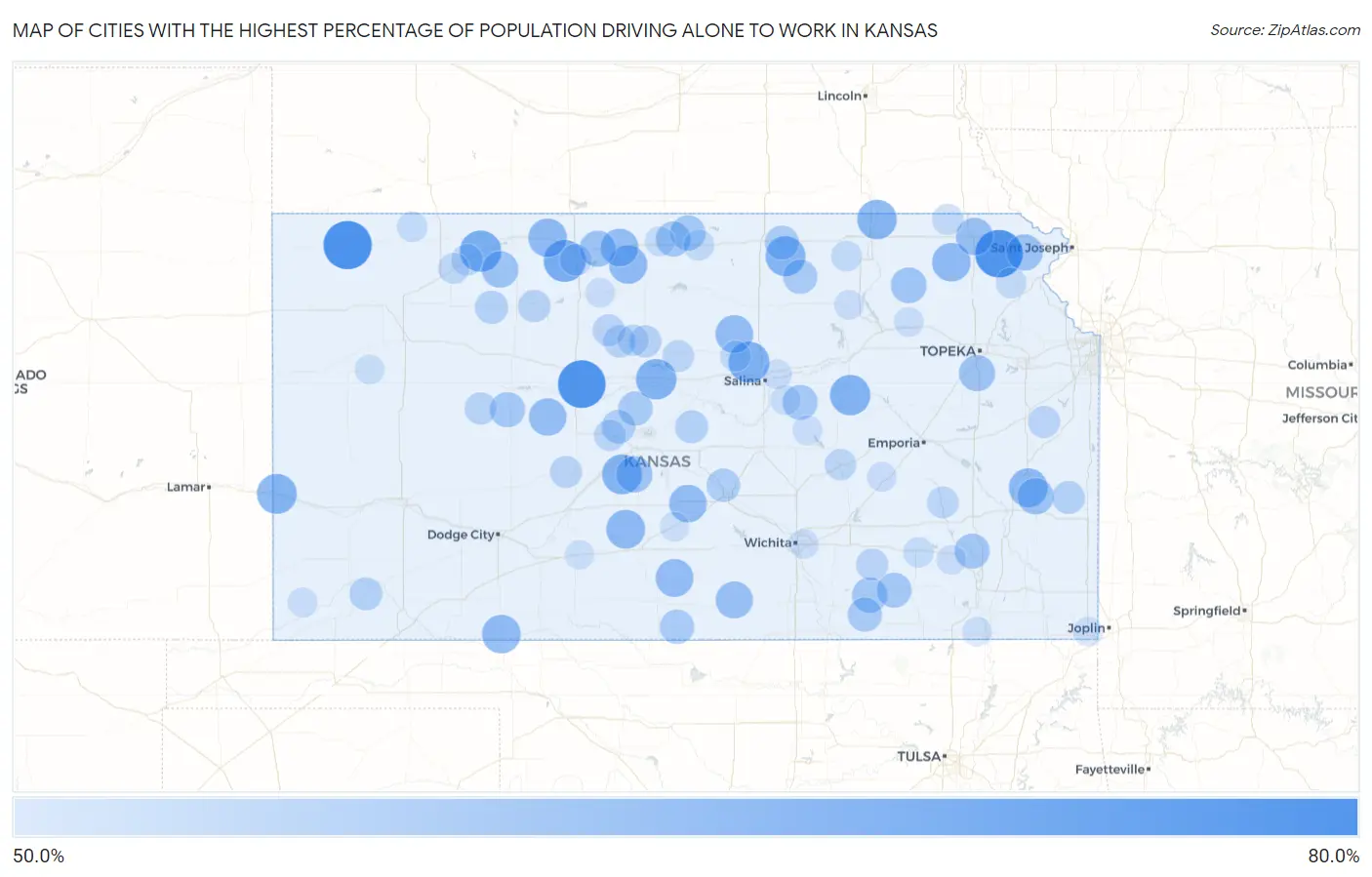 Cities with the Highest Percentage of Population Driving Alone to Work in Kansas Map