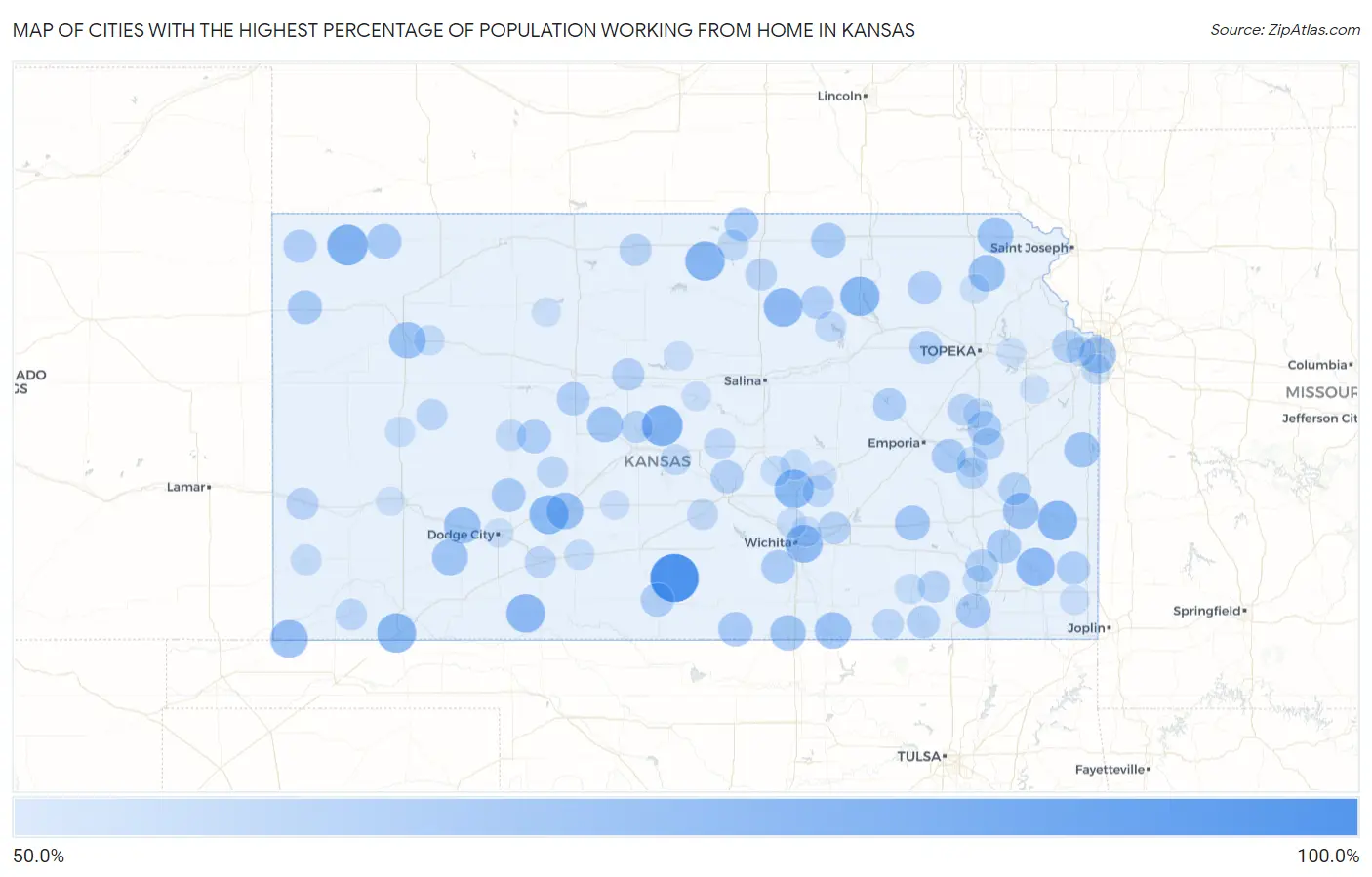 Cities with the Highest Percentage of Population Working from Home in Kansas Map