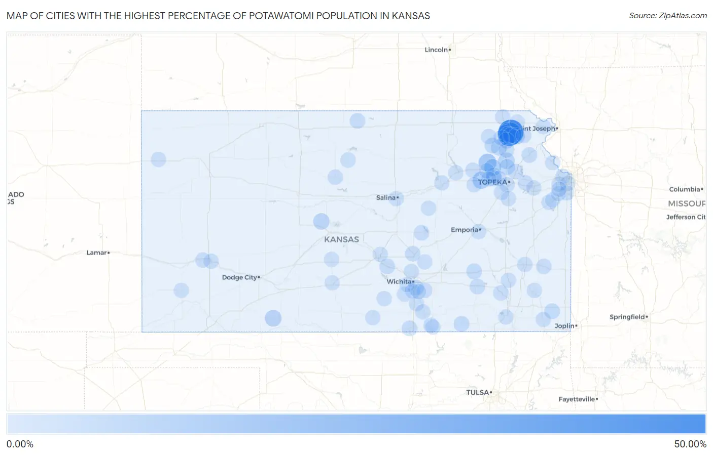 Cities with the Highest Percentage of Potawatomi Population in Kansas Map