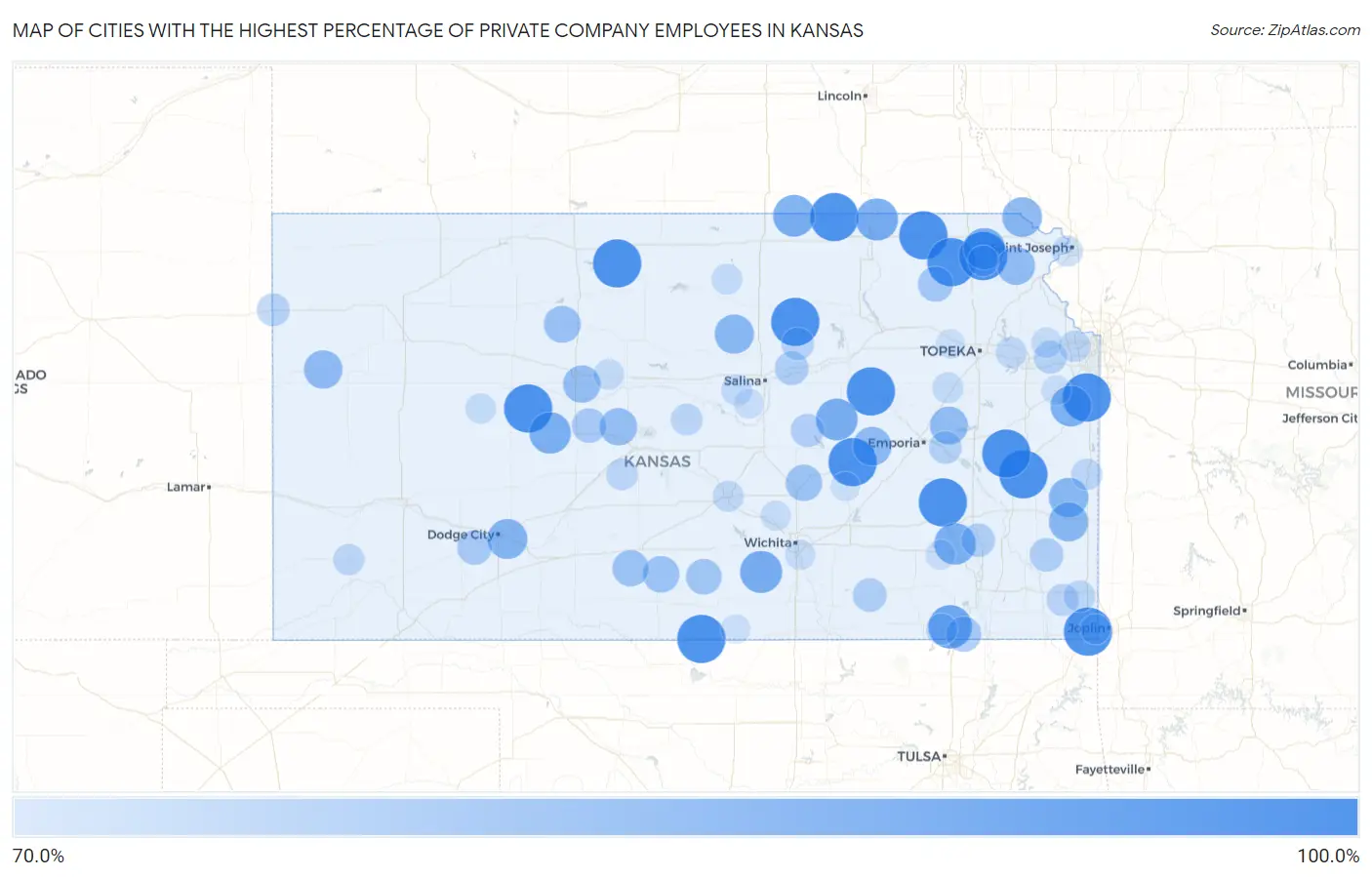 Cities with the Highest Percentage of Private Company Employees in Kansas Map