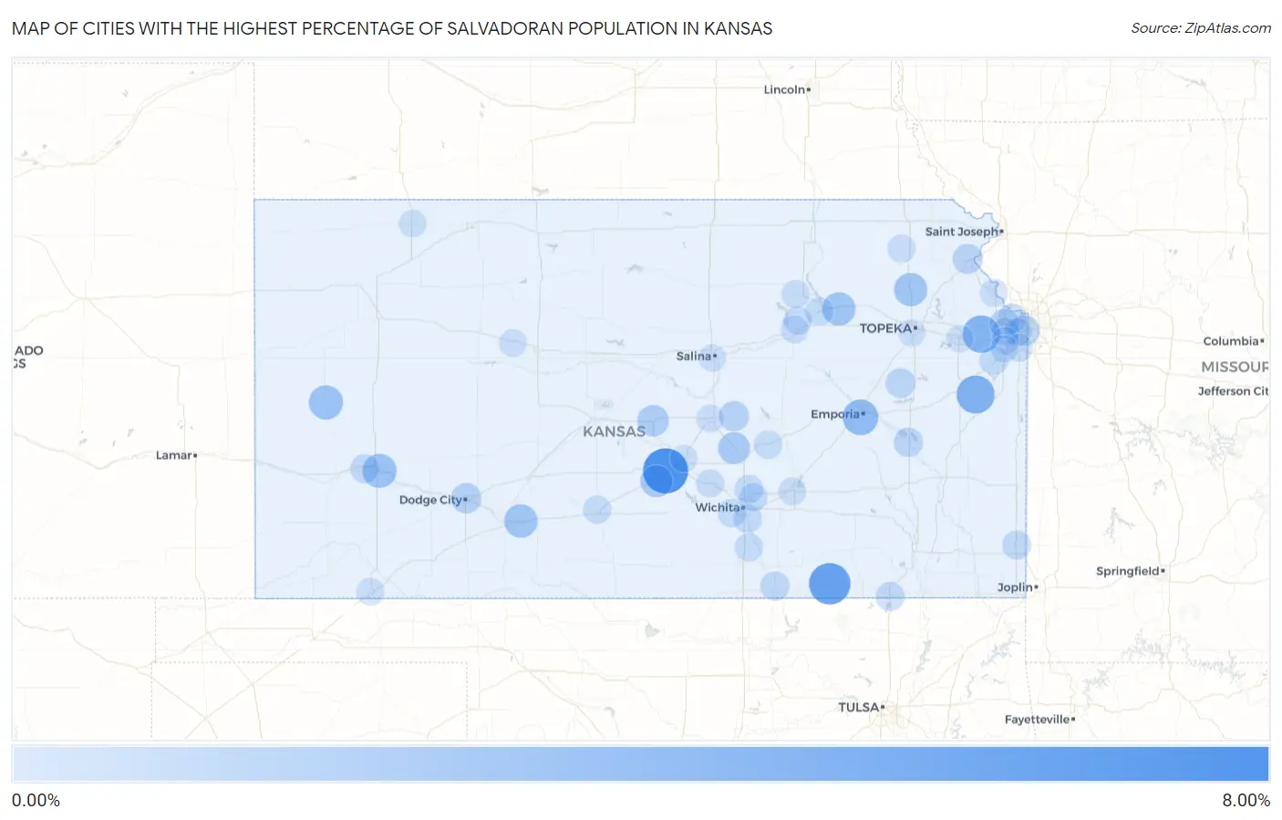 Cities with the Highest Percentage of Salvadoran Population in Kansas Map
