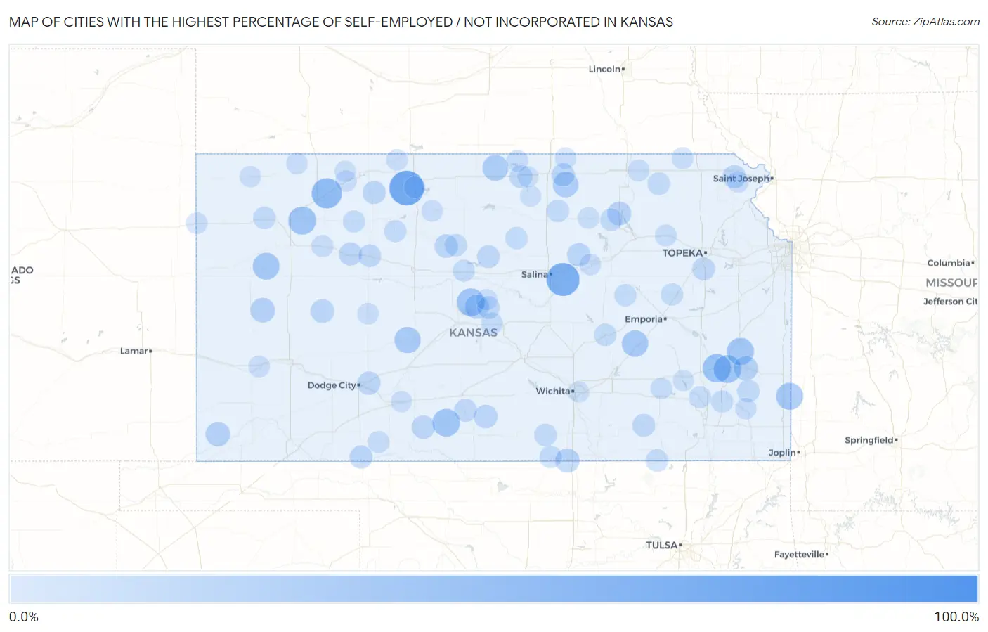 Cities with the Highest Percentage of Self-Employed / Not Incorporated in Kansas Map