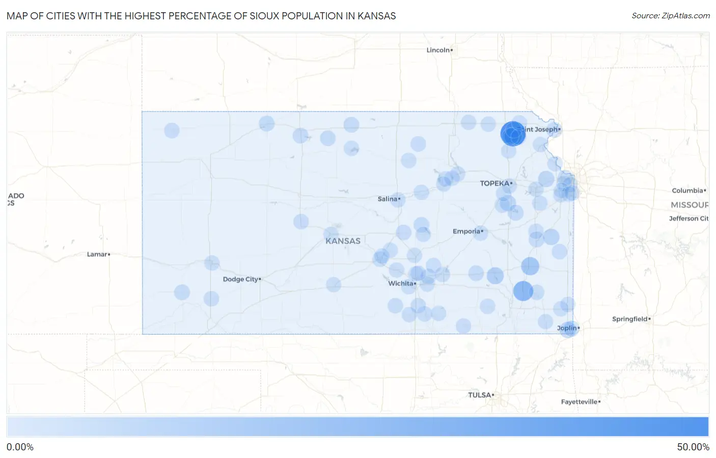 Cities with the Highest Percentage of Sioux Population in Kansas Map