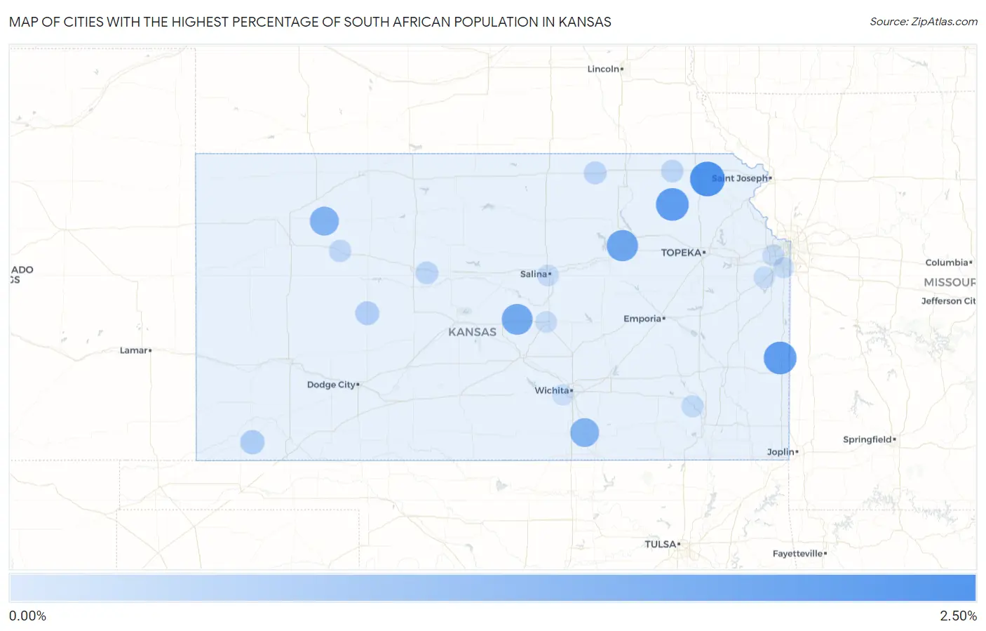 Cities with the Highest Percentage of South African Population in Kansas Map
