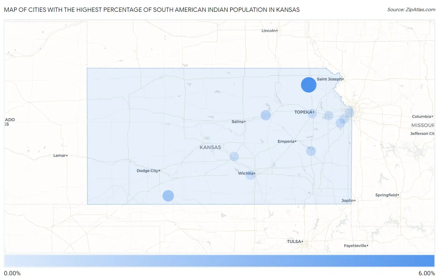 Cities with the Highest Percentage of South American Indian Population in Kansas Map