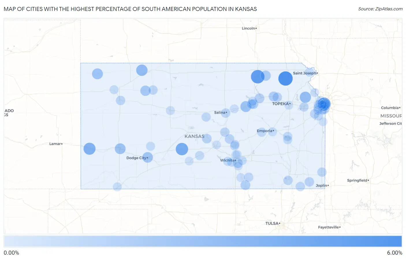 Cities with the Highest Percentage of South American Population in Kansas Map