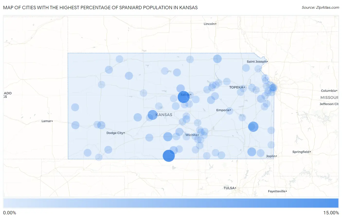 Cities with the Highest Percentage of Spaniard Population in Kansas Map