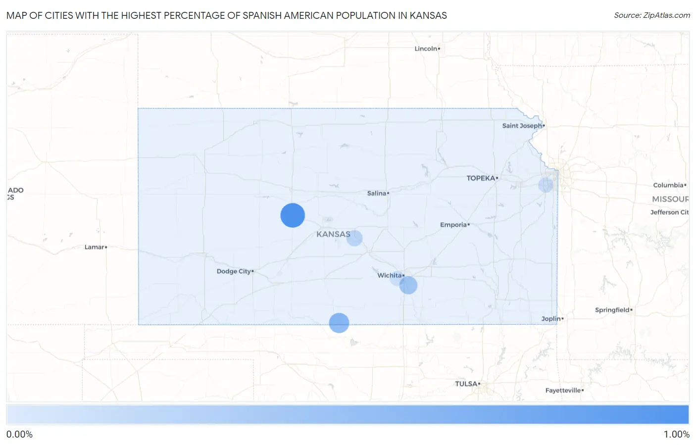 Cities with the Highest Percentage of Spanish American Population in Kansas Map