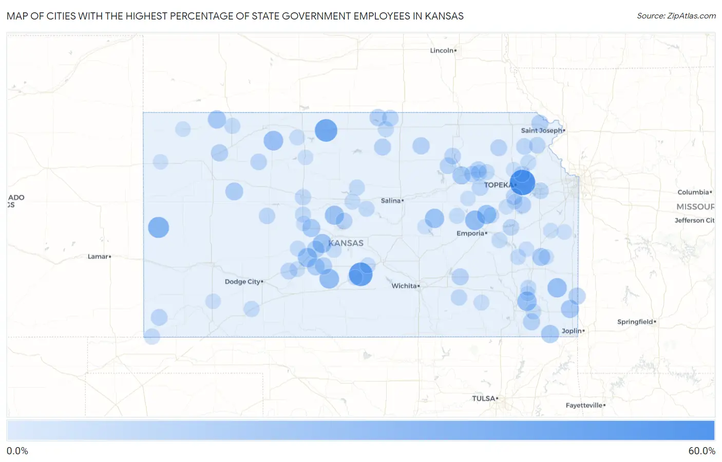 Cities with the Highest Percentage of State Government Employees in Kansas Map