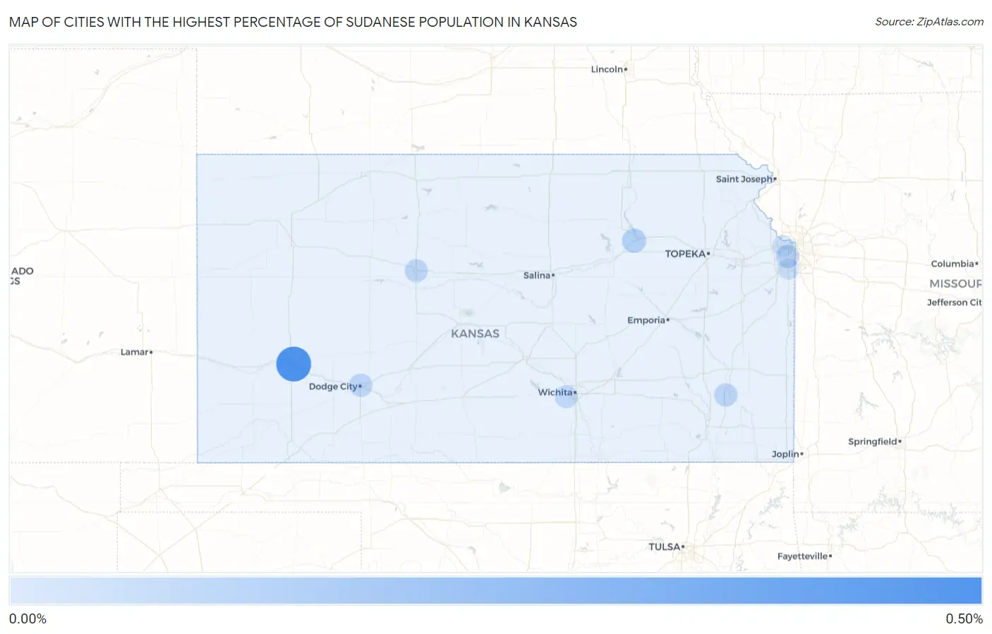 Cities with the Highest Percentage of Sudanese Population in Kansas Map