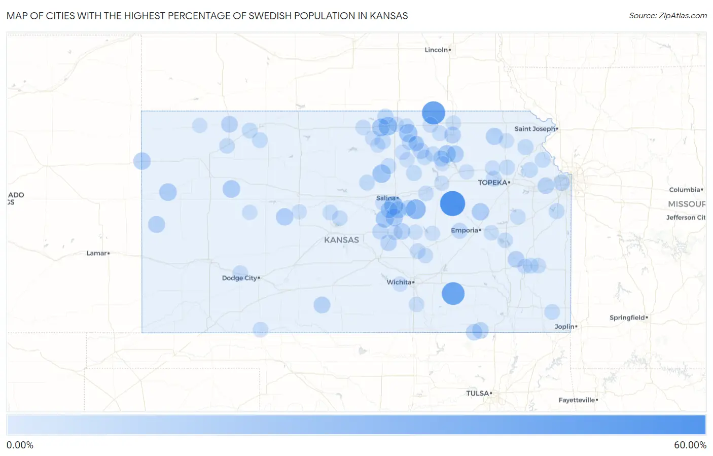 Cities with the Highest Percentage of Swedish Population in Kansas Map
