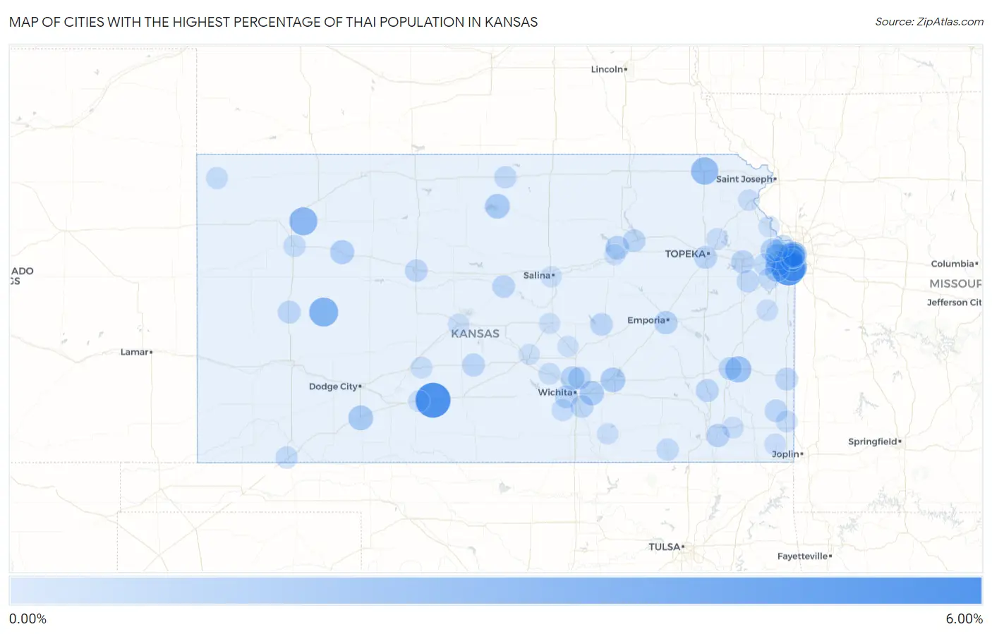 Cities with the Highest Percentage of Thai Population in Kansas Map