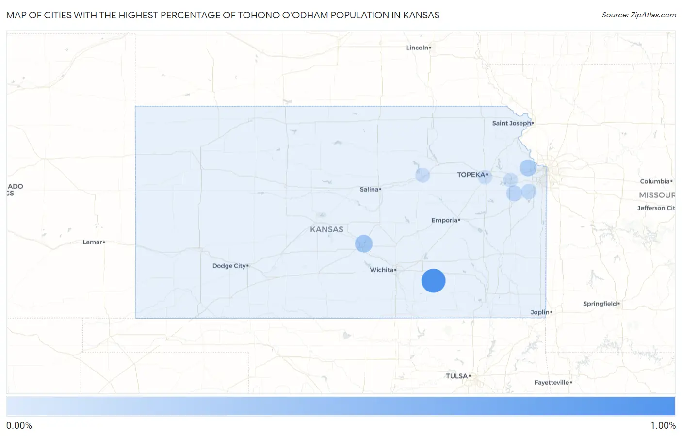 Cities with the Highest Percentage of Tohono O'Odham Population in Kansas Map