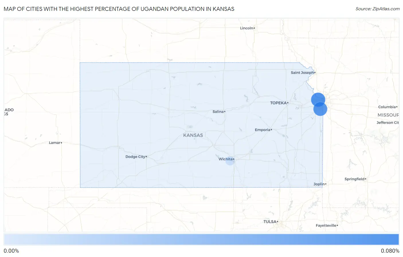 Cities with the Highest Percentage of Ugandan Population in Kansas Map