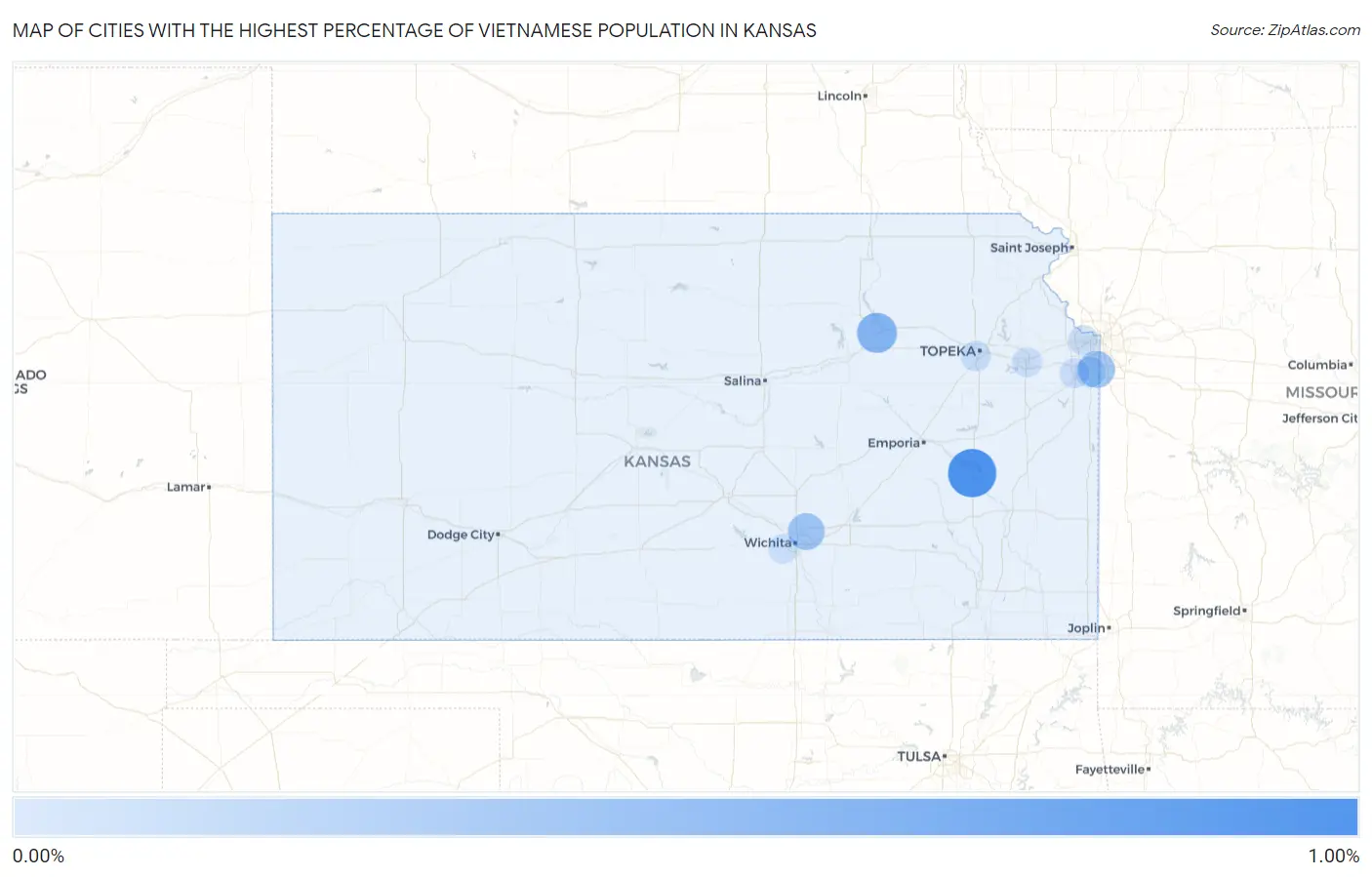 Cities with the Highest Percentage of Vietnamese Population in Kansas Map