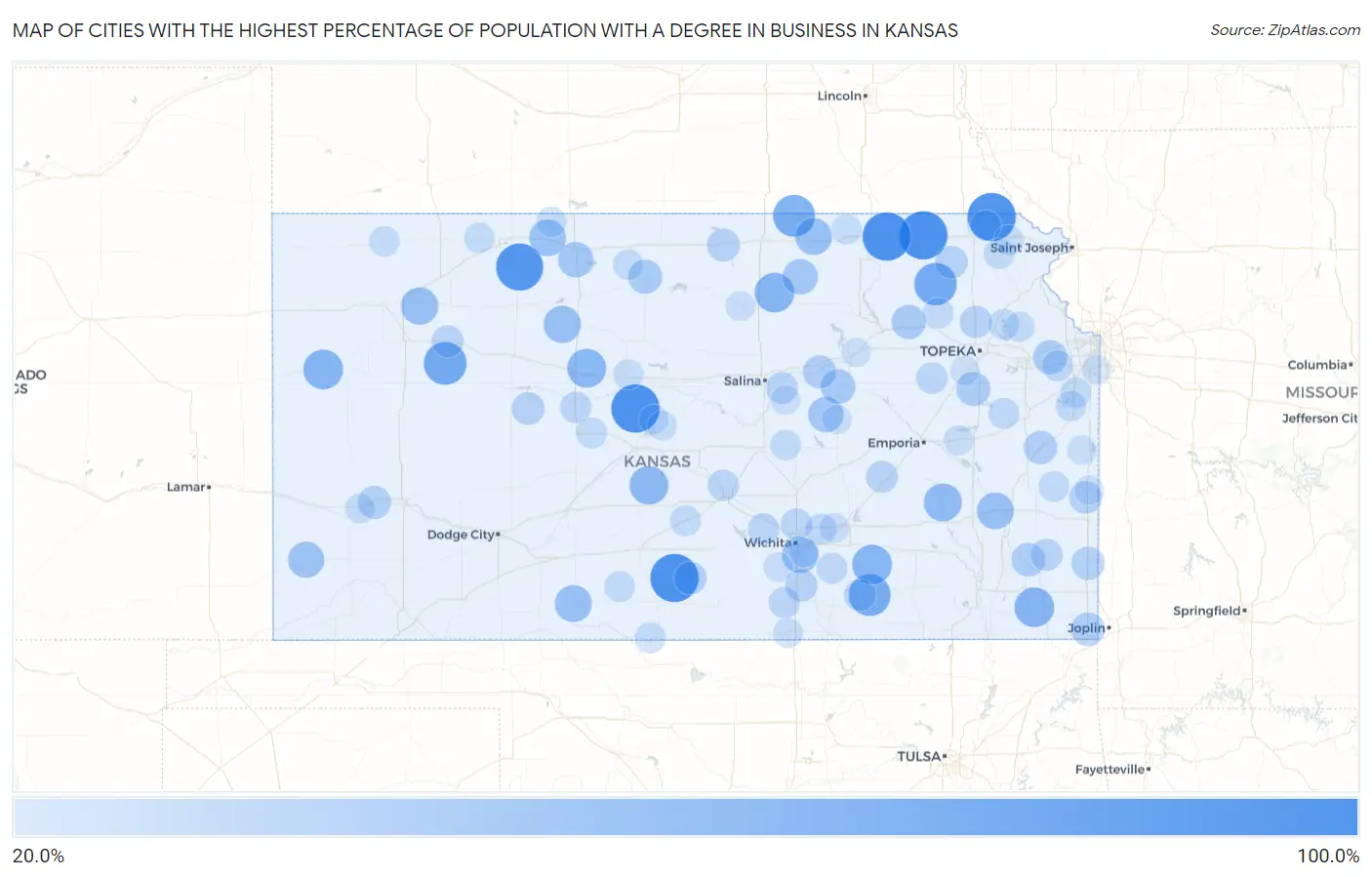 Cities with the Highest Percentage of Population with a Degree in Business in Kansas Map