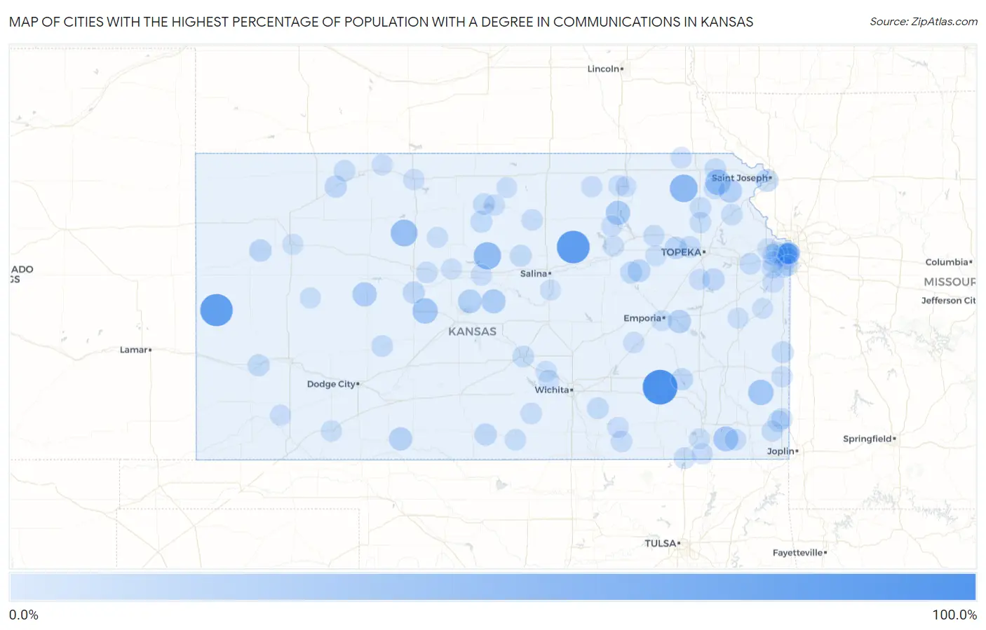Cities with the Highest Percentage of Population with a Degree in Communications in Kansas Map