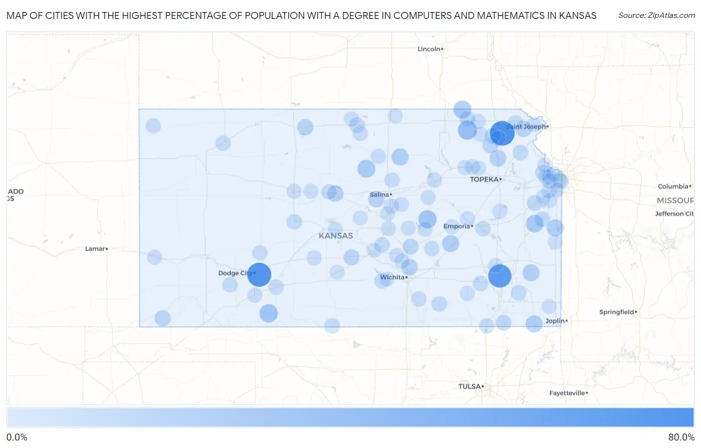 Cities with the Highest Percentage of Population with a Degree in Computers and Mathematics in Kansas Map
