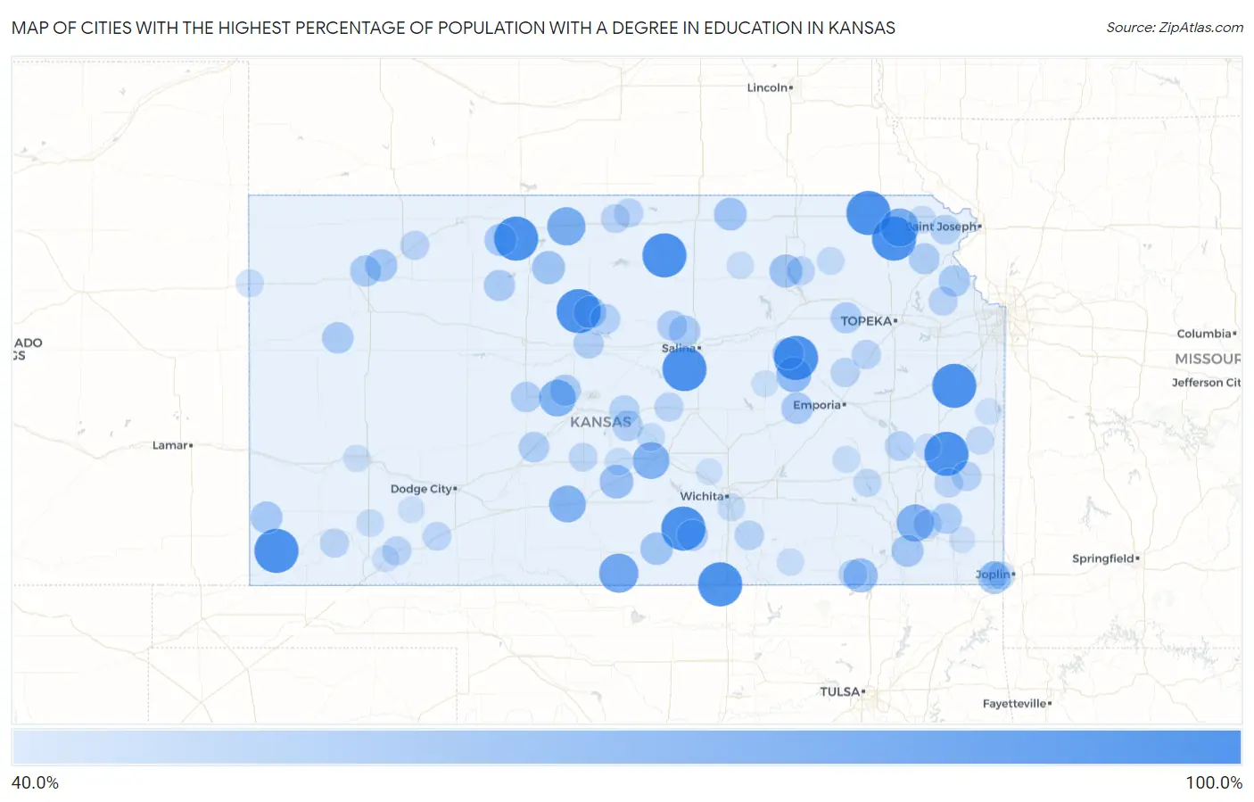 Cities with the Highest Percentage of Population with a Degree in Education in Kansas Map