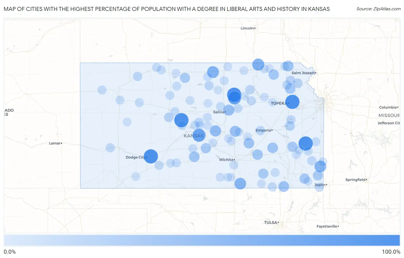 Cities with the Highest Percentage of Population with a Degree in Liberal Arts and History in Kansas Map
