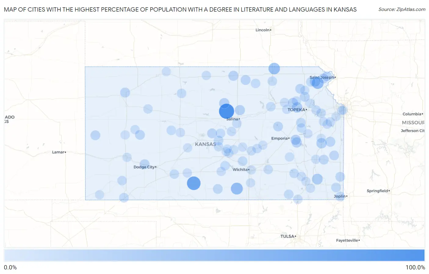 Cities with the Highest Percentage of Population with a Degree in Literature and Languages in Kansas Map